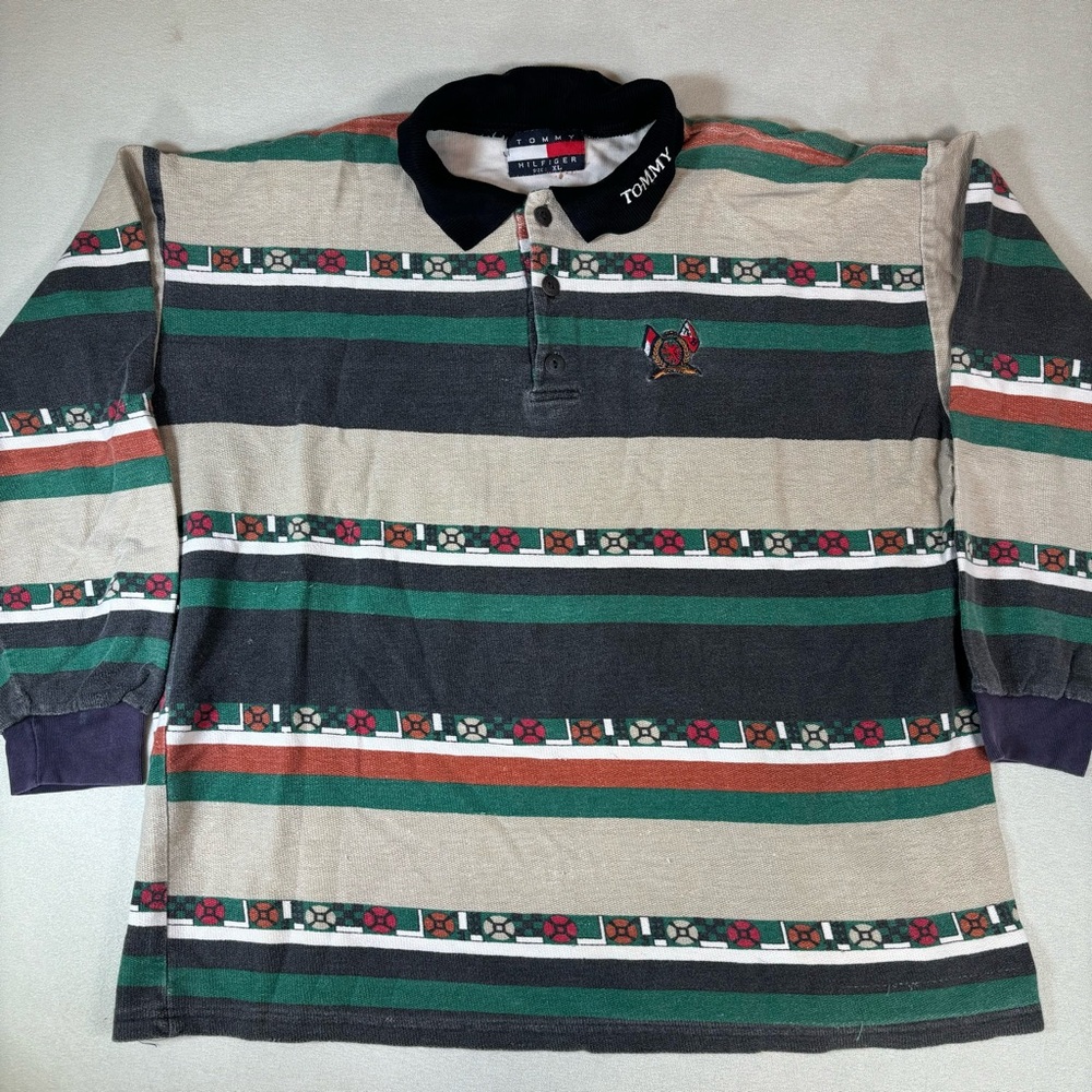 Vintage Tommy Hilfiger Long Sleeve Polo Shirt Size XL AOP
